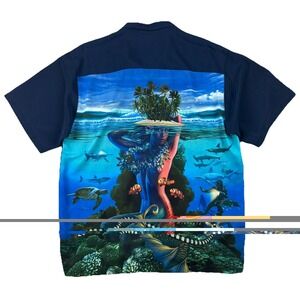 Rietveld Shirt Mens 2XL XXL Blue Camp Hawaiian Graphic Mermaid Button Up USA